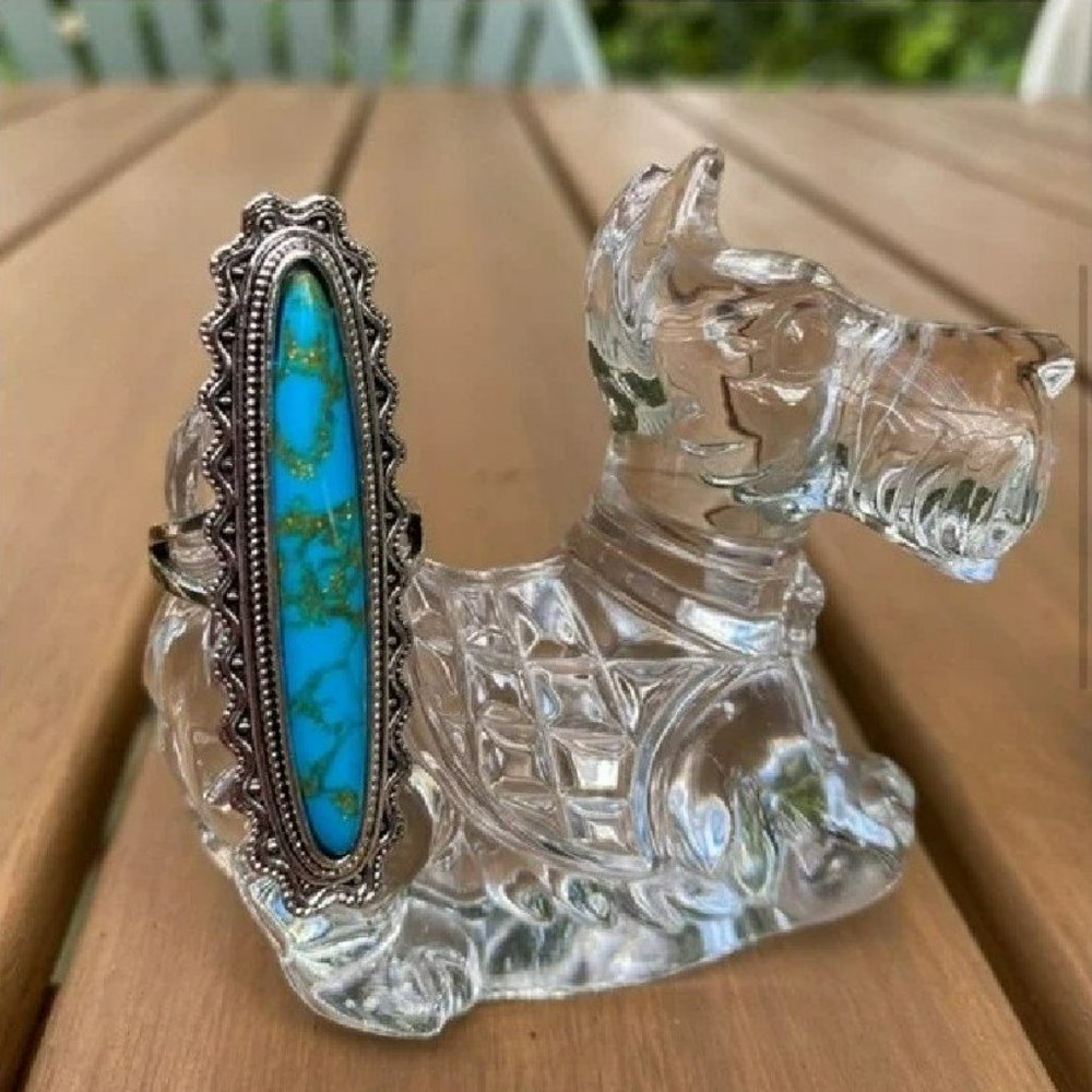 Long Vintage Blue Turquoise Antique Silver Ring - Picture 5 of 9